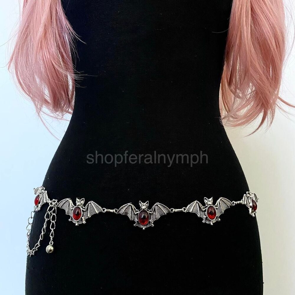 Silver Y2K Red Jewel Gothic Bat Waist Chain Belt, Fits 24 to 41 Inches, X7GA1374